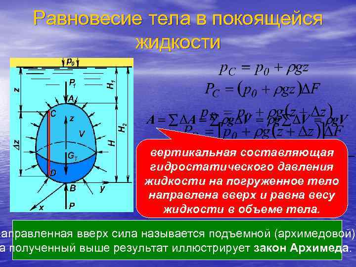  Равновесие тела в покоящейся    жидкости     вертикальная
