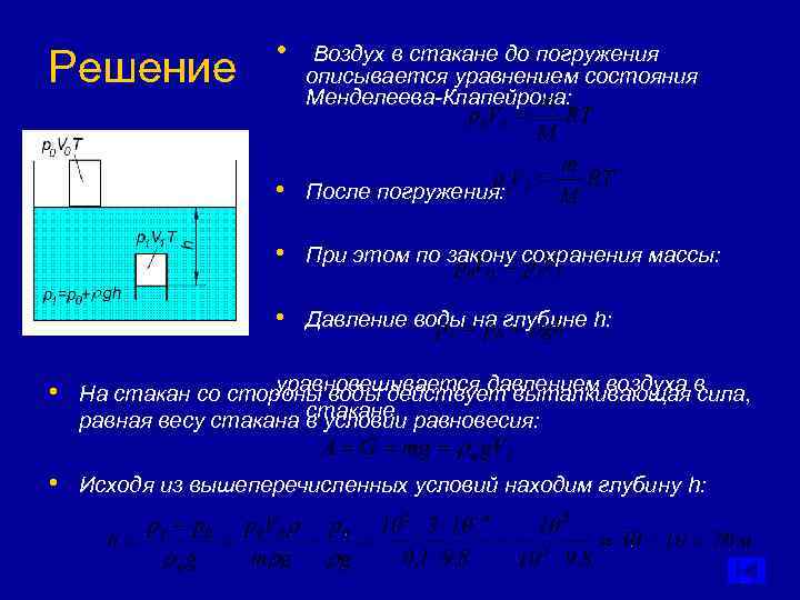    • Воздух в стакане до погружения Решение   