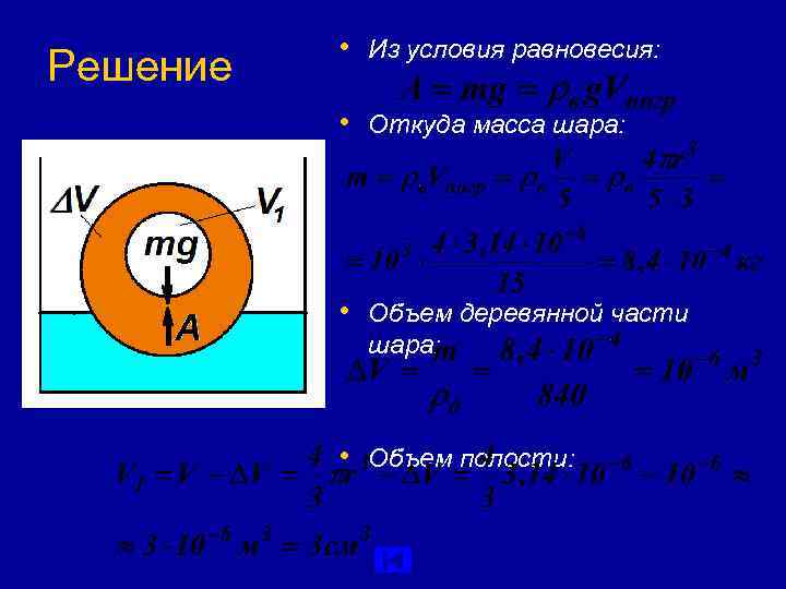   • Из условия равновесия: Решение  • Откуда масса шара:  