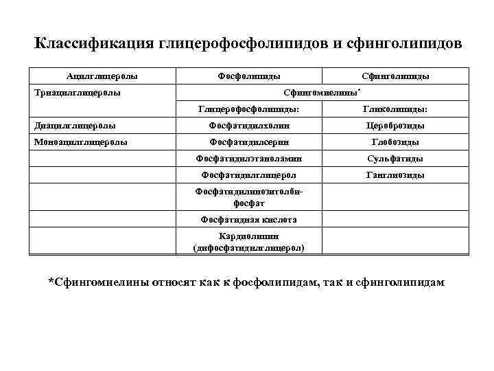 Классификация глицерофосфолипидов и сфинголипидов  Ацилглицеролы   Фосфолипиды    Сфинголипиды Триацилглицеролы