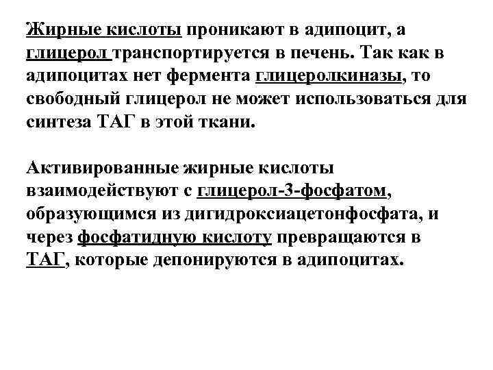 Жирные кислоты проникают в адипоцит, а глицерол транспортируется в печень. Так как в адипоцитах