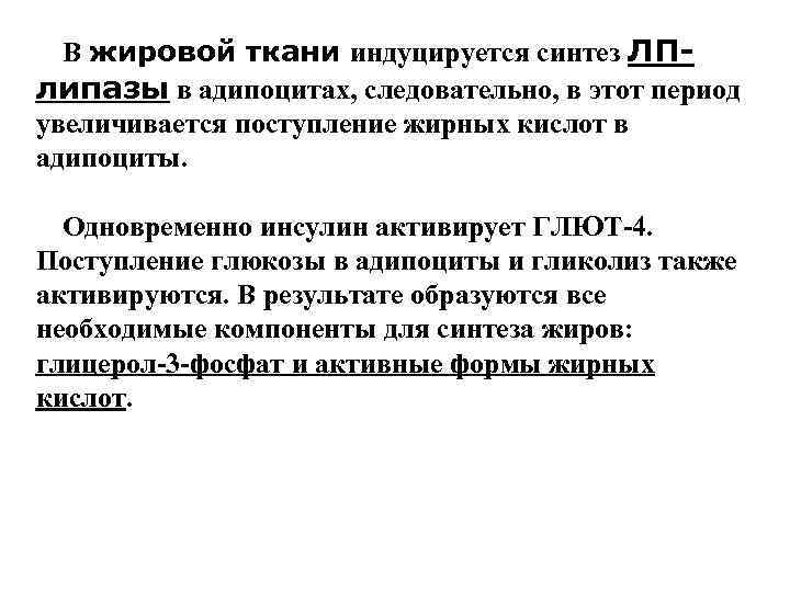  В жировой ткани индуцируется синтез ЛП- липазы в адипоцитах, следовательно, в этот период