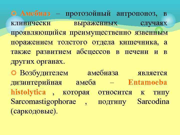 ¢ Амебиаз – протозойный антропоноз, в клинически  выраженных случаях проявляющийся преимущественно язвенным поражением
