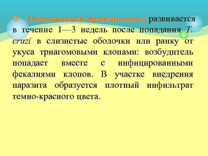 ¢ Американский трипаносомоз развивается в течение 1— 3 недель после попадания Т. cruzi в