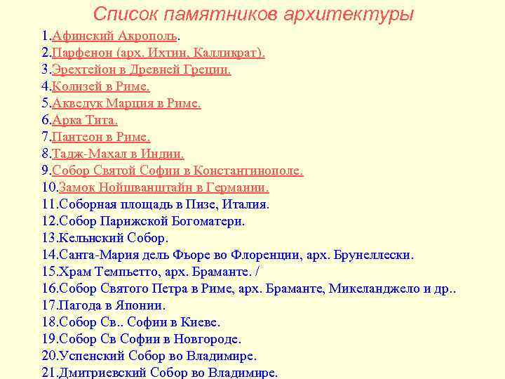 Список памятников архитектуры 1. Афинский Акрополь. 2. Парфенон (арх. Ихтин, Калликрат). 3. Список памятников архитектуры 1. Афинский Акрополь. 2. Парфенон (арх. Ихтин, Калликрат). 3.
