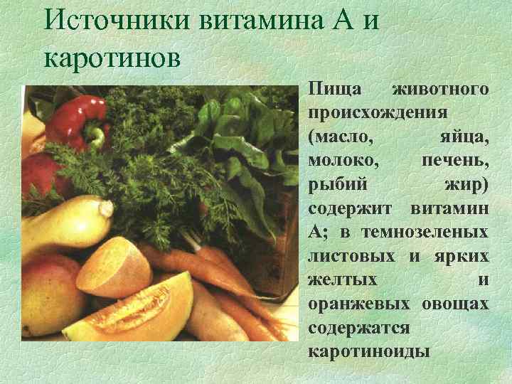 Источники витамина А и каротинов   Пища животного    происхождения 