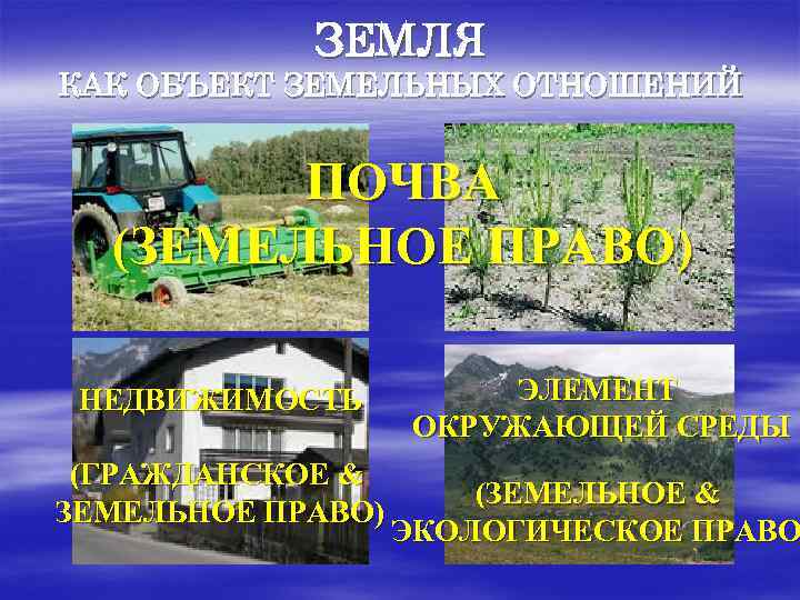 ЗЕМЛЯ КАК ОБЪЕКТ ЗЕМЕЛЬНЫХ ОТНОШЕНИЙ ПОЧВА (ЗЕМЕЛЬНОЕ ПРАВО) НЕДВИЖИМОСТЬ ЗЕМЛЯ КАК ОБЪЕКТ ЗЕМЕЛЬНЫХ ОТНОШЕНИЙ ПОЧВА (ЗЕМЕЛЬНОЕ ПРАВО) НЕДВИЖИМОСТЬ