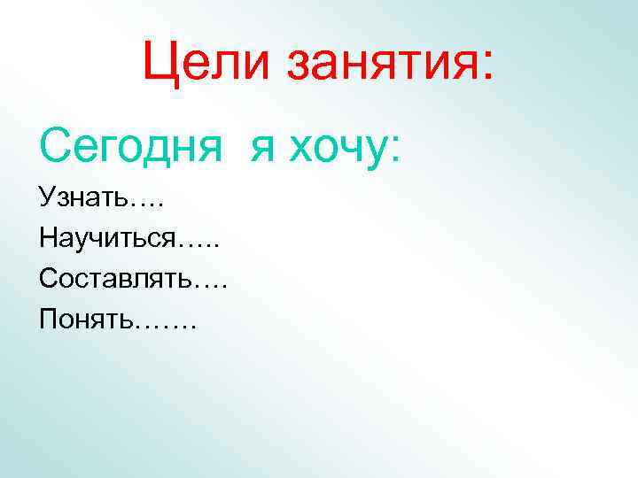  Цели занятия: Сегодня я хочу: Узнать…. Научиться…. . Составлять…. Понять……. 