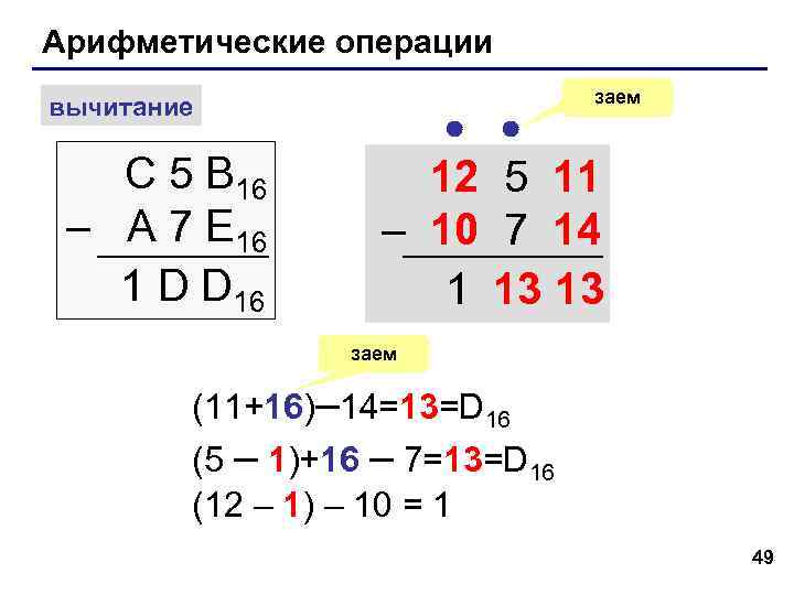 Арифметические операции заем вычитание Арифметические операции заем вычитание