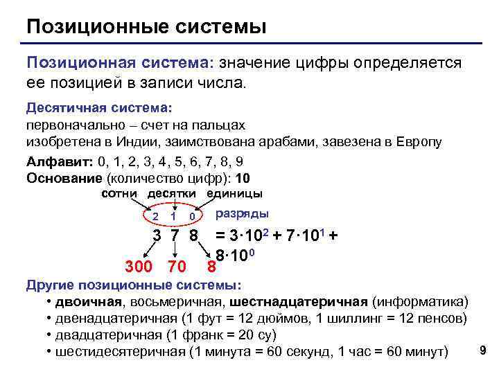 Позиционные системы Позиционная система: значение цифры определяется ее позицией в записи числа. Десятичная система: Позиционные системы Позиционная система: значение цифры определяется ее позицией в записи числа. Десятичная система: