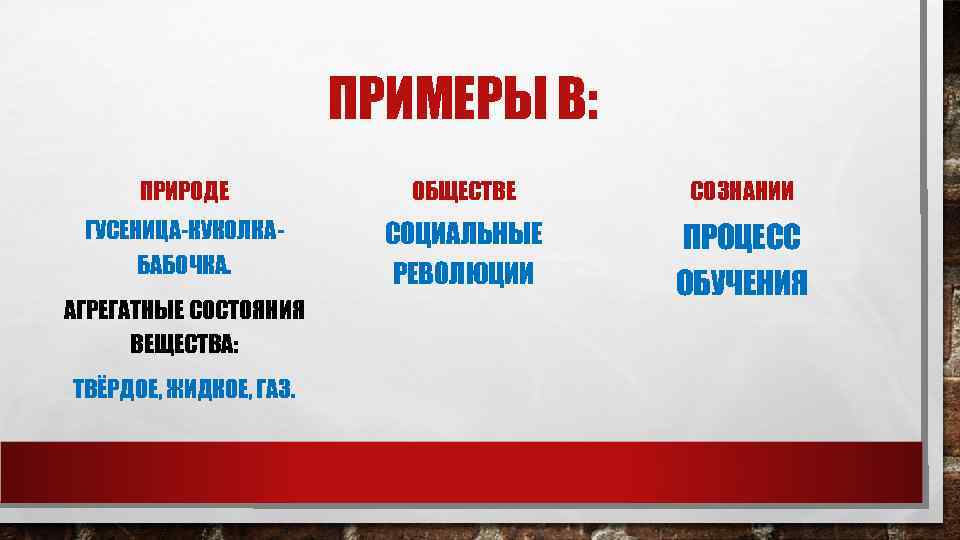     ПРИМЕРЫ В:  ПРИРОДЕ   ОБЩЕСТВЕ  СОЗНАНИИ ГУСЕНИЦА-КУКОЛКА-