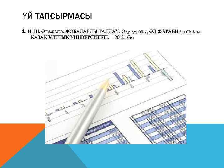 ҮЙ ТАПСЫРМАСЫ 1. Н. Ш. Əлжанова. ЖОБАЛАРДЫ ТАЛДАУ. Оқу құралы, ƏЛ-ФАРАБИ атындағы ҚАЗАҚ ҰЛТТЫҚ