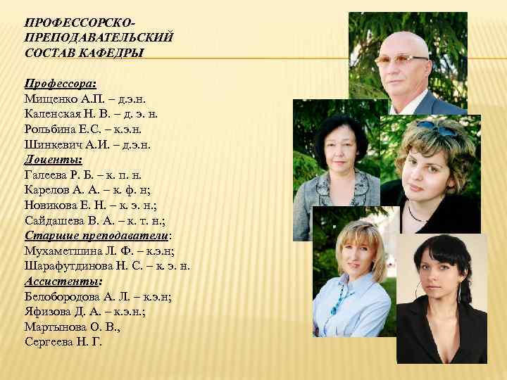 ПРОФЕССОРСКО- ПРЕПОДАВАТЕЛЬСКИЙ СОСТАВ КАФЕДРЫ Профессора: Мищенко А. П. – д. э. н. Каленская Н.