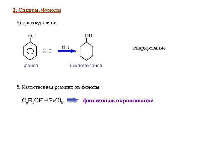 2. Спирты. Фенолы  б) присоединения     гидрирование 5. Качественная реакции