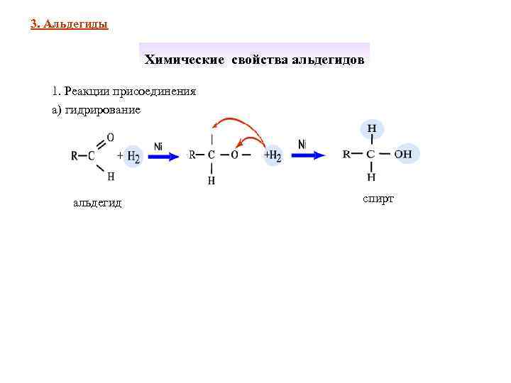3. Альдегиды    Химические свойства альдегидов 1. Реакции присоединения  а) гидрирование
