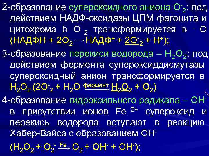 2 -образование супероксидного аниона О-2: под  действием НАДФ-оксидазы ЦПМ фагоцита и  цитохрома