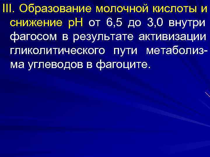 III. Образование молочной кислоты и  снижение р. Н от 6, 5 до 3,