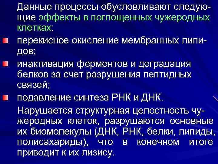 Данные процессы обусловливают следую- щие эффекты в поглощенных чужеродных клетках: перекисное окисление мембранных липи-