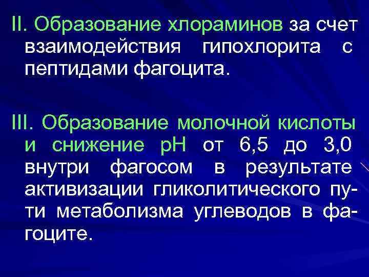 II. Образование хлораминов за счет  взаимодействия гипохлорита с  пептидами фагоцита.  III.