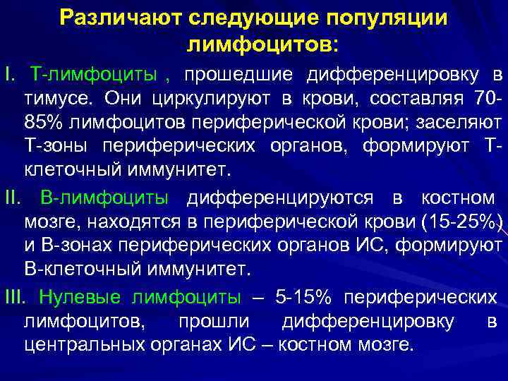  Различают следующие популяции    лимфоцитов: I. Т-лимфоциты , прошедшие дифференцировку в