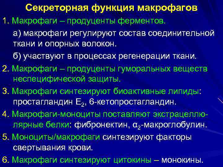  Секреторная функция макрофагов 1. Макрофаги – продуценты ферментов. а) макрофаги регулируют состав соединительной