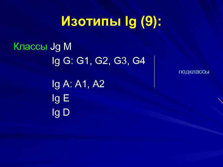    Изотипы Ig (9): Классы Jg M  Ig G: G 1,