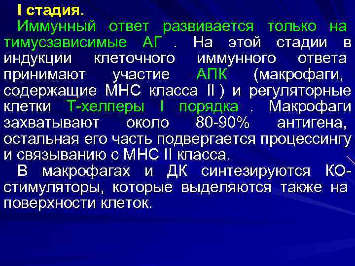  I стадия.  Иммунный ответ развивается только на тимусзависимые АГ. На этой стадии