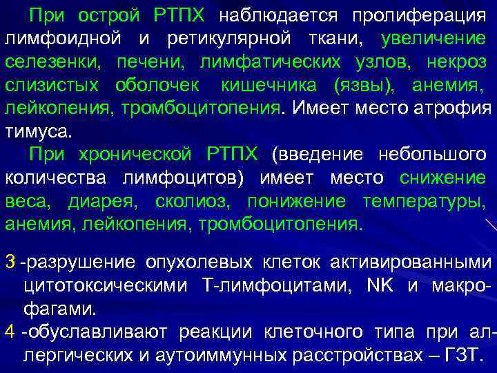  При острой РТПХ наблюдается пролиферация лимфоидной и ретикулярной ткани, увеличение селезенки, печени, лимфатических