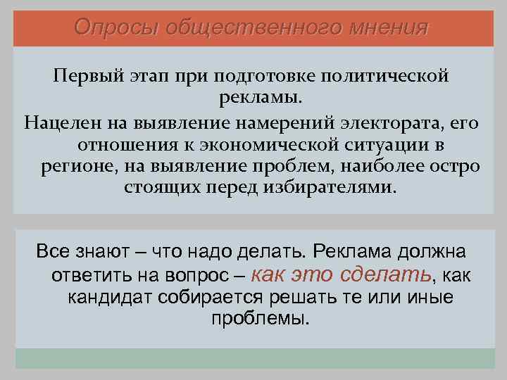   Опросы общественного мнения  Первый этап при подготовке политической   