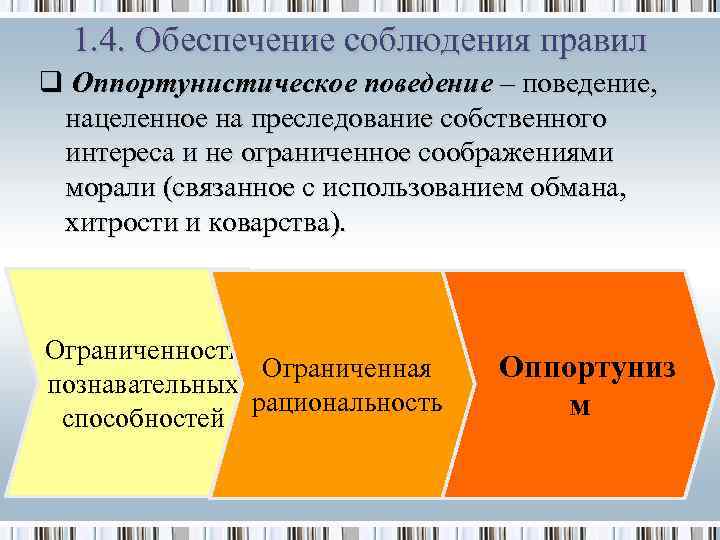  1. 4. Обеспечение соблюдения правил q Оппортунистическое поведение – поведение,  нацеленное на