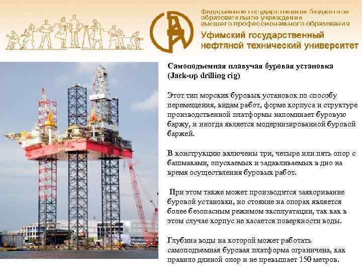Самоподъемная плавучая буровая установка (Jack-up drilling rig) Этот тип морских буровых установок по способу