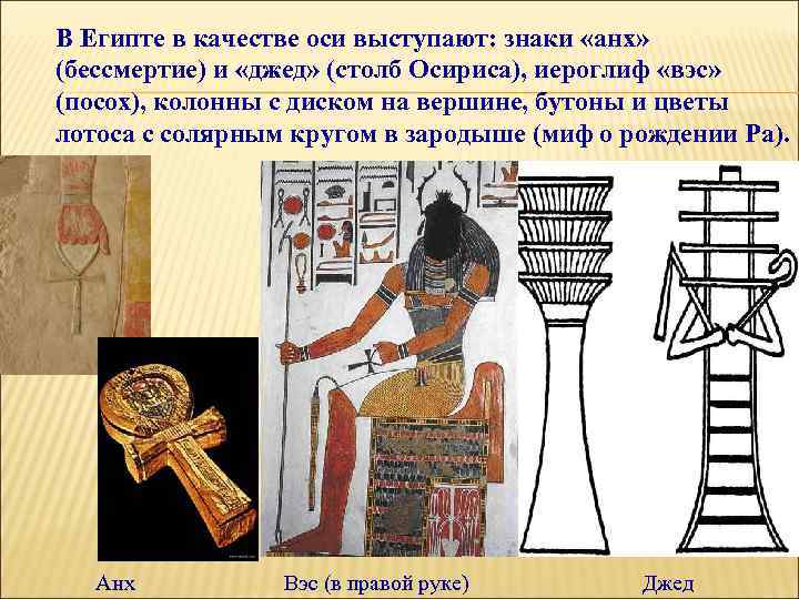 В Египте в качестве оси выступают: знаки «анх»  (бессмертие) и «джед» (столб Осириса),