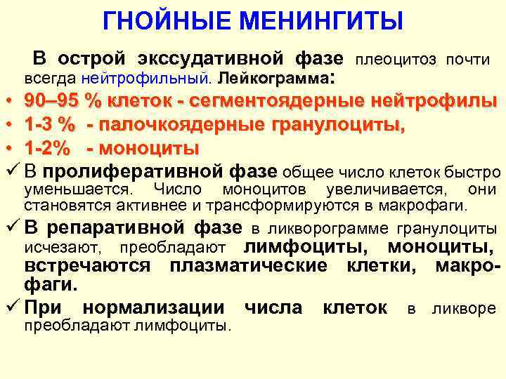    ГНОЙНЫЕ МЕНИНГИТЫ  В острой экссудативной фазе плеоцитоз почти  всегда