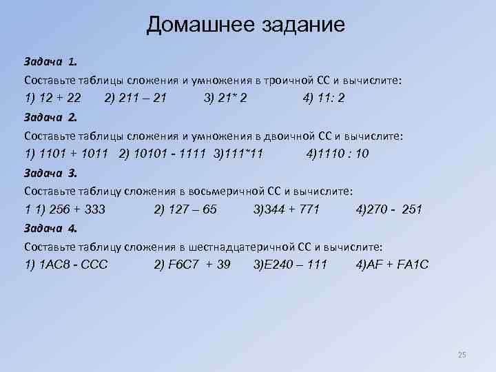      Домашнее задание Задача 1. Составьте таблицы сложения и умножения