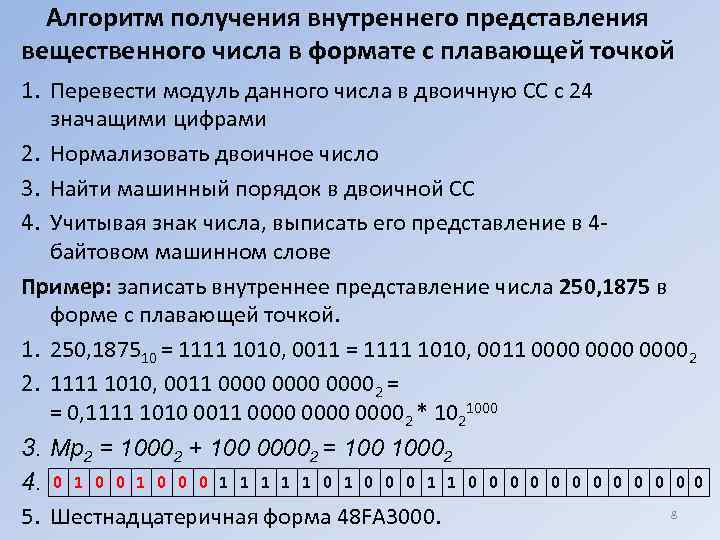 Алгоритм получения внутреннего представления вещественного числа в формате с плавающей точкой 1. Перевести