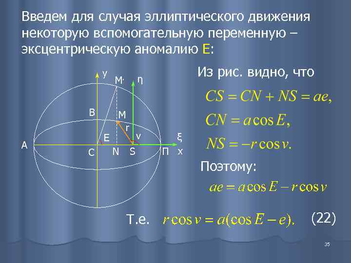 Введем для случая эллиптического движения некоторую вспомогательную переменную – эксцентрическую аномалию E:  