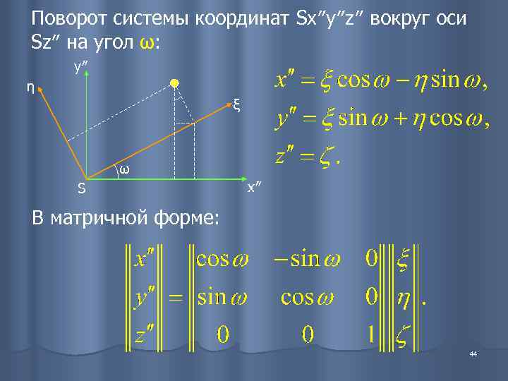 Поворот системы координат Sx″y″z″ вокруг оси Sz″ на угол ω: y″ η  
