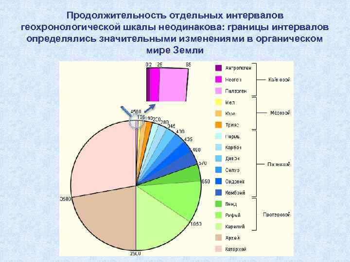   Продолжительность отдельных интервалов геохронологической шкалы неодинакова: границы интервалов определялись значительными изменениями в