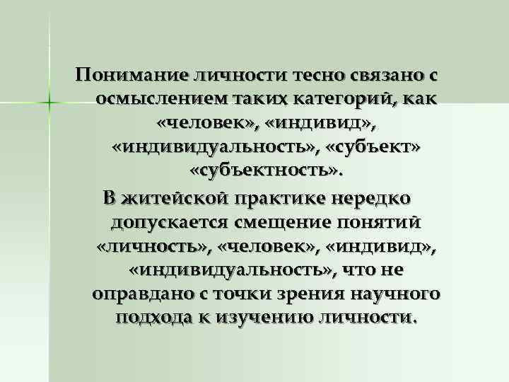 Понимание личности тесно связано с осмыслением таких категорий, как   «человек» , 
