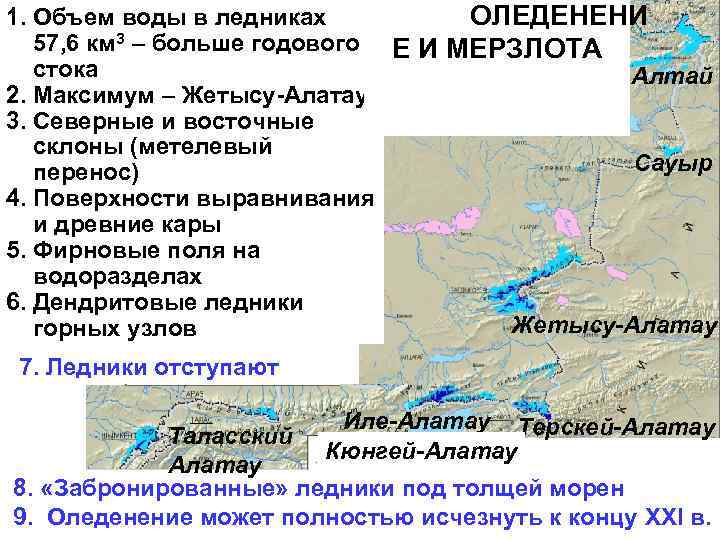 1. Объем воды в ледниках  ОЛЕДЕНЕНИ  57, 6 км 3 – больше