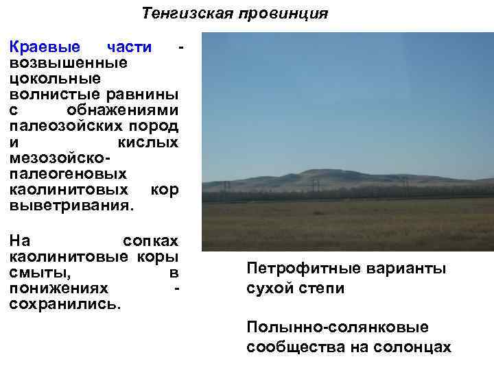 Тенгизская провинция Краевые части возвышенные цокольные волнистые равнины с обнажениями палеозойских пород и кислых