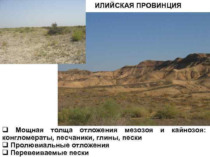 ИЛИЙСКАЯ ПРОВИНЦИЯ q Мощная толща отложения мезозоя и кайнозоя: конгломераты, песчаники, глины, пески q