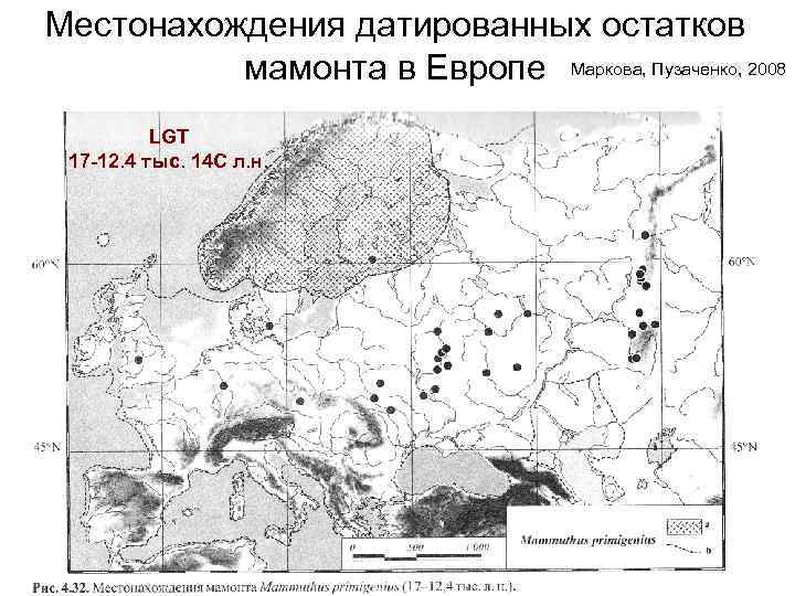 Местонахождения датированных остатков  мамонта в Европе Маркова, Пузаченко, 2008  LGT 17 -12.