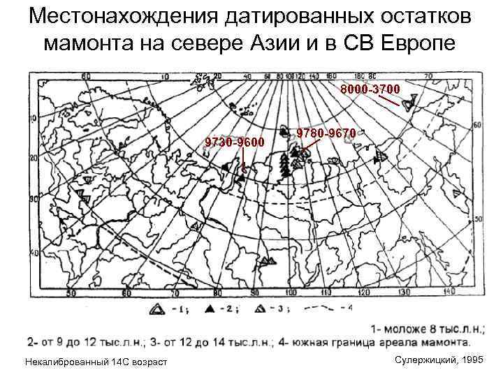 Местонахождения датированных остатков  мамонта на севере Азии и в СВ Европе  