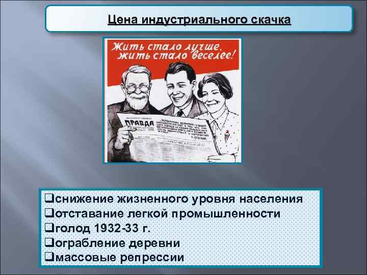    Цена индустриального скачка qснижение жизненного уровня населения qотставание легкой промышленности qголод