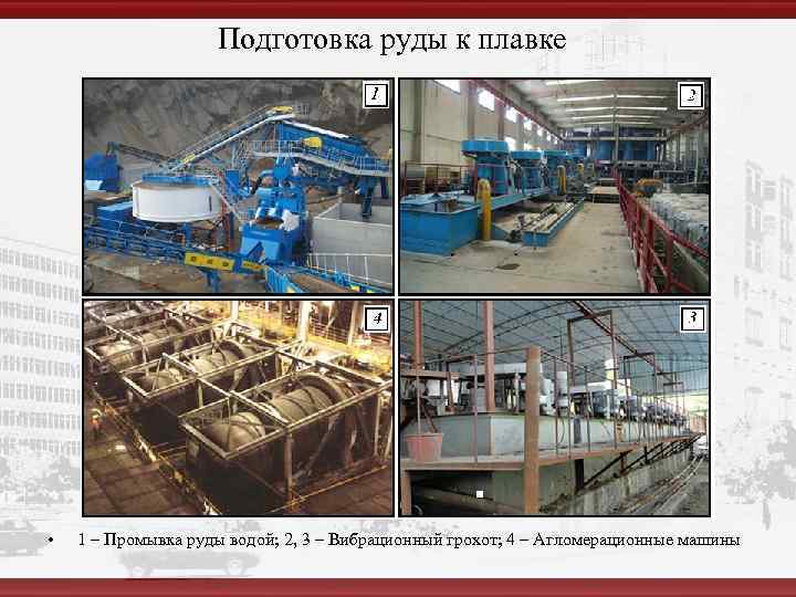     Подготовка руды к плавке •  1 – Промывка руды