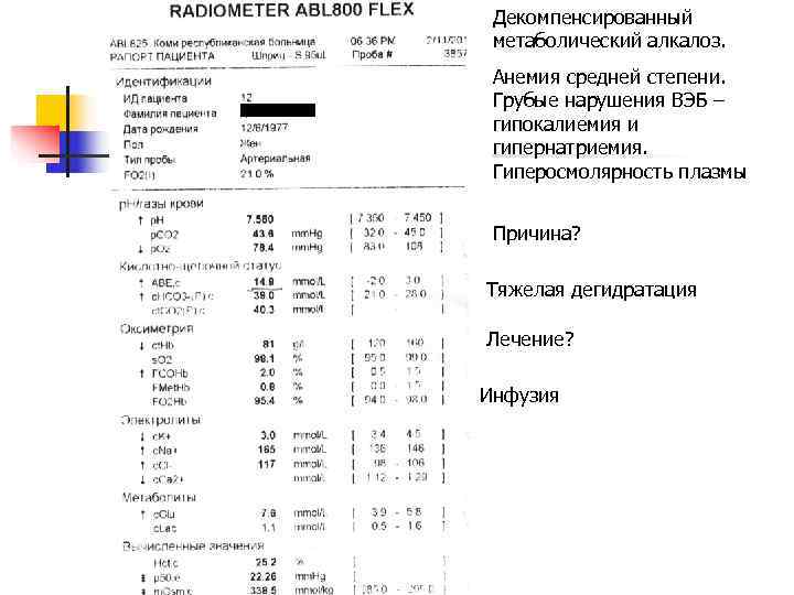  Декомпенсированный метаболический алкалоз.  Анемия средней степени.  Грубые нарушения ВЭБ – гипокалиемия