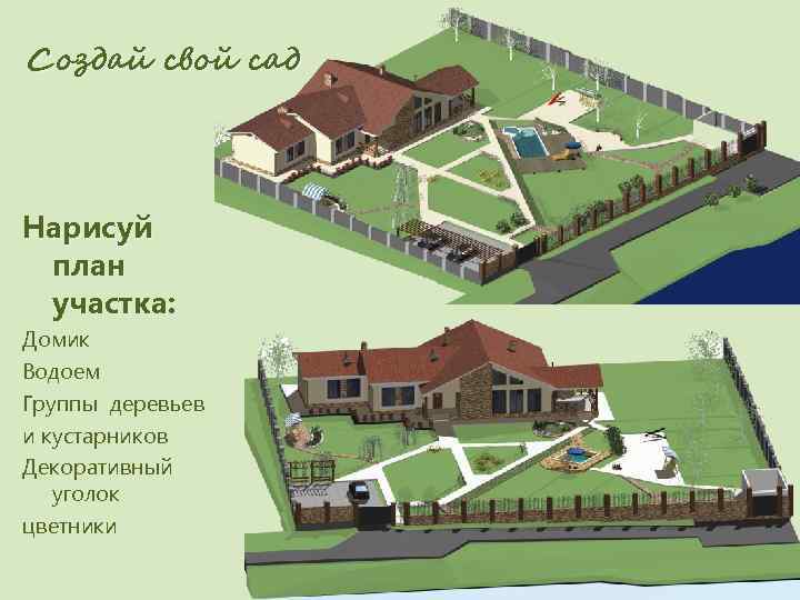 Создай свой сад Нарисуй план участка: Домик Водоем Группы деревьев и кустарников Декоративный 