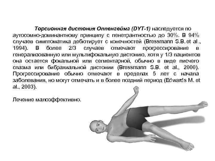    Торсионная дистония Оппенгейма (DYT-1) наследуется по аутосомно-доминантному принципу с пенетрантностью до