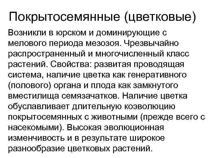 Покрытосемянные (цветковые) Возникли в юрском и доминирующие с мелового периода мезозоя. Чрезвычайно распространенный и